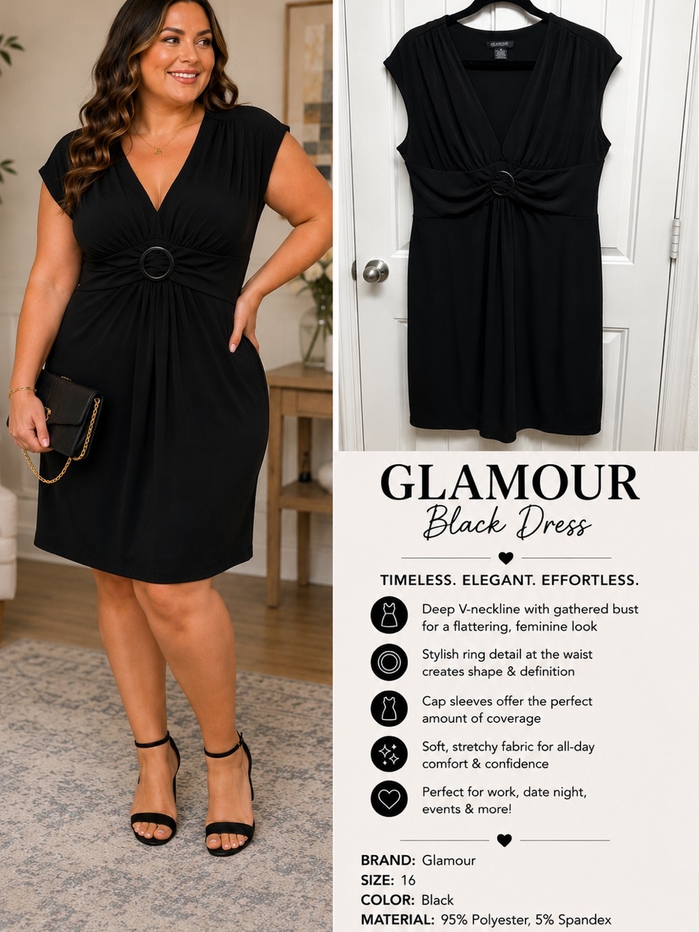Glamour Black V-Neck Ring-Waist Midi Dress
